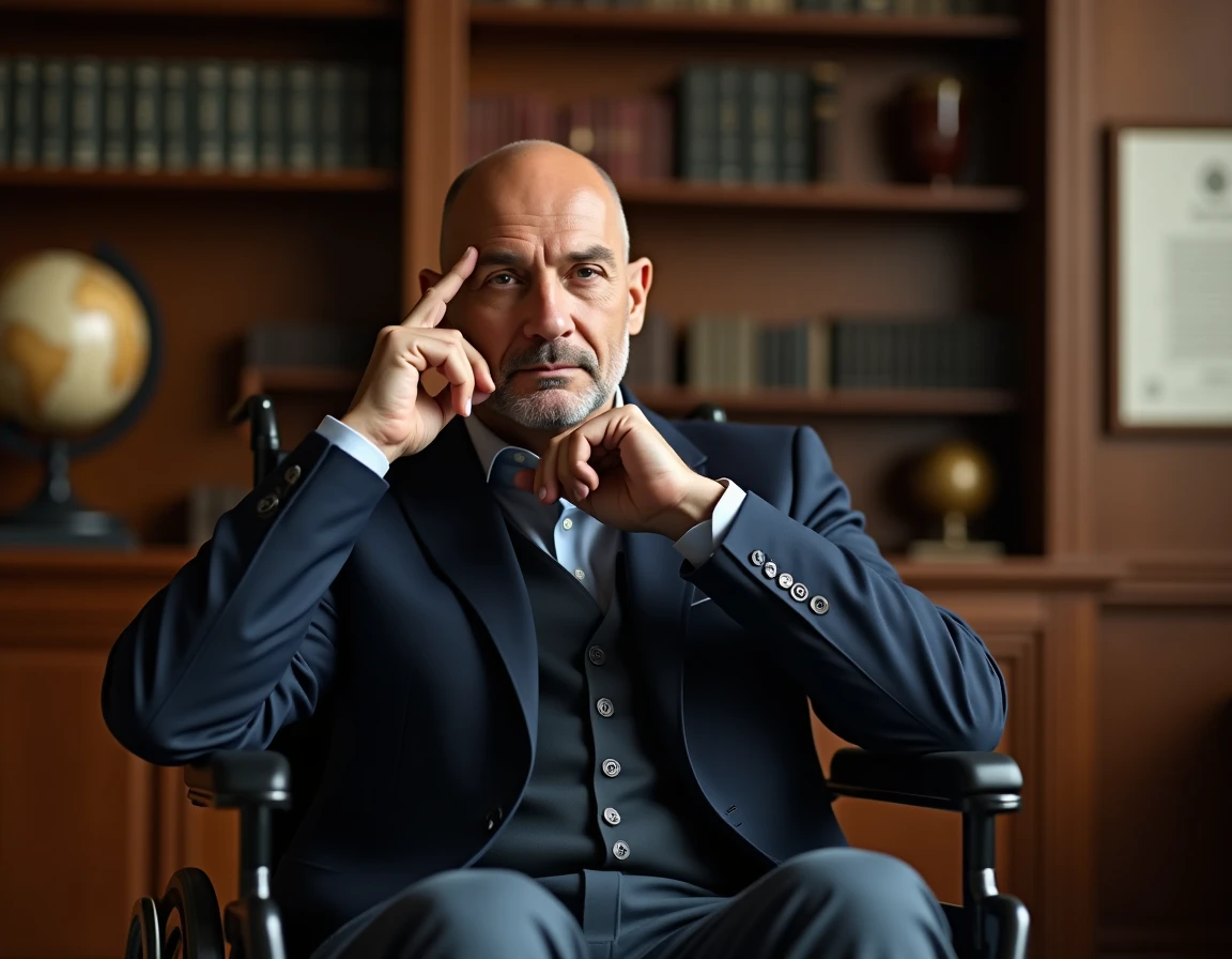 Portrait d'un homme chauve en fauteuil roulant concentré dans une bibliothèque évoquant Professeur Xavier des X-Men