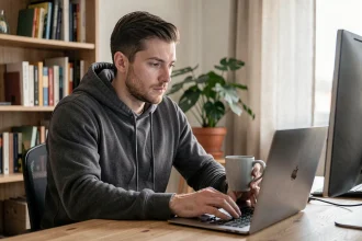 Homme adulte utilisant un ordinateur portable dans un bureau à domicile pour naviguer sur internet de façon sécurisée