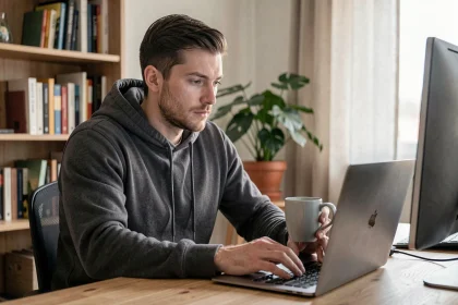 Homme adulte utilisant un ordinateur portable dans un bureau à domicile pour naviguer sur internet de façon sécurisée