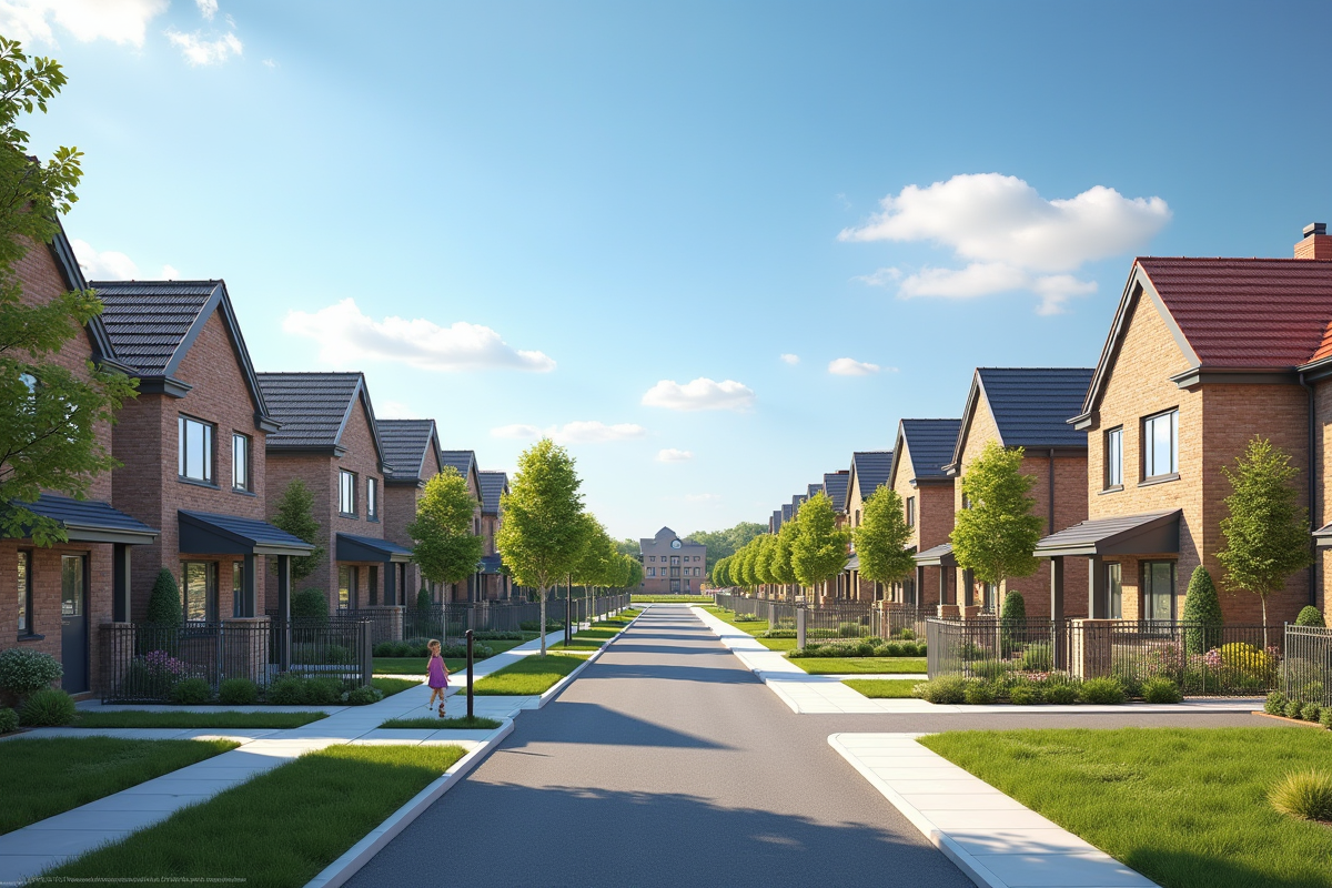 Quartier résidentiel neuf avec maisons et espaces verts ensoleilles