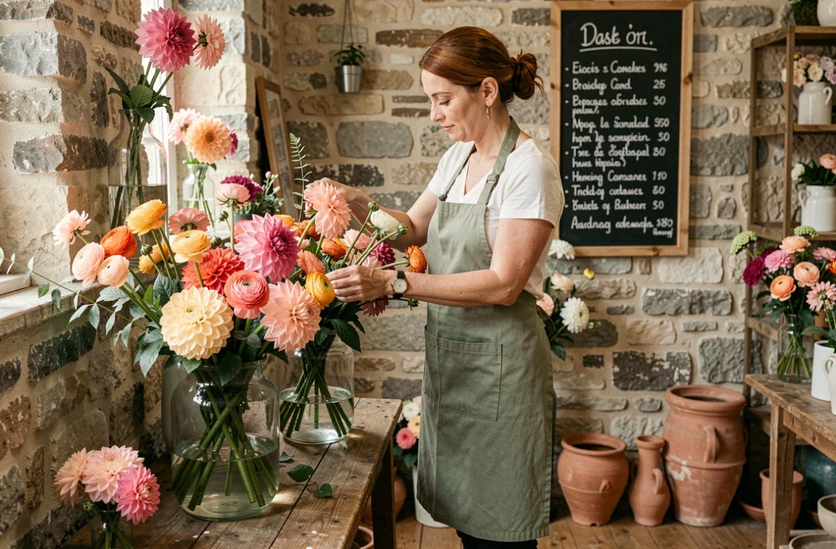 Fleuriste femme sélectionnant des dahlias et renoncules dans la boutique artisanale Raconnat dans le Puy-de-Dôme