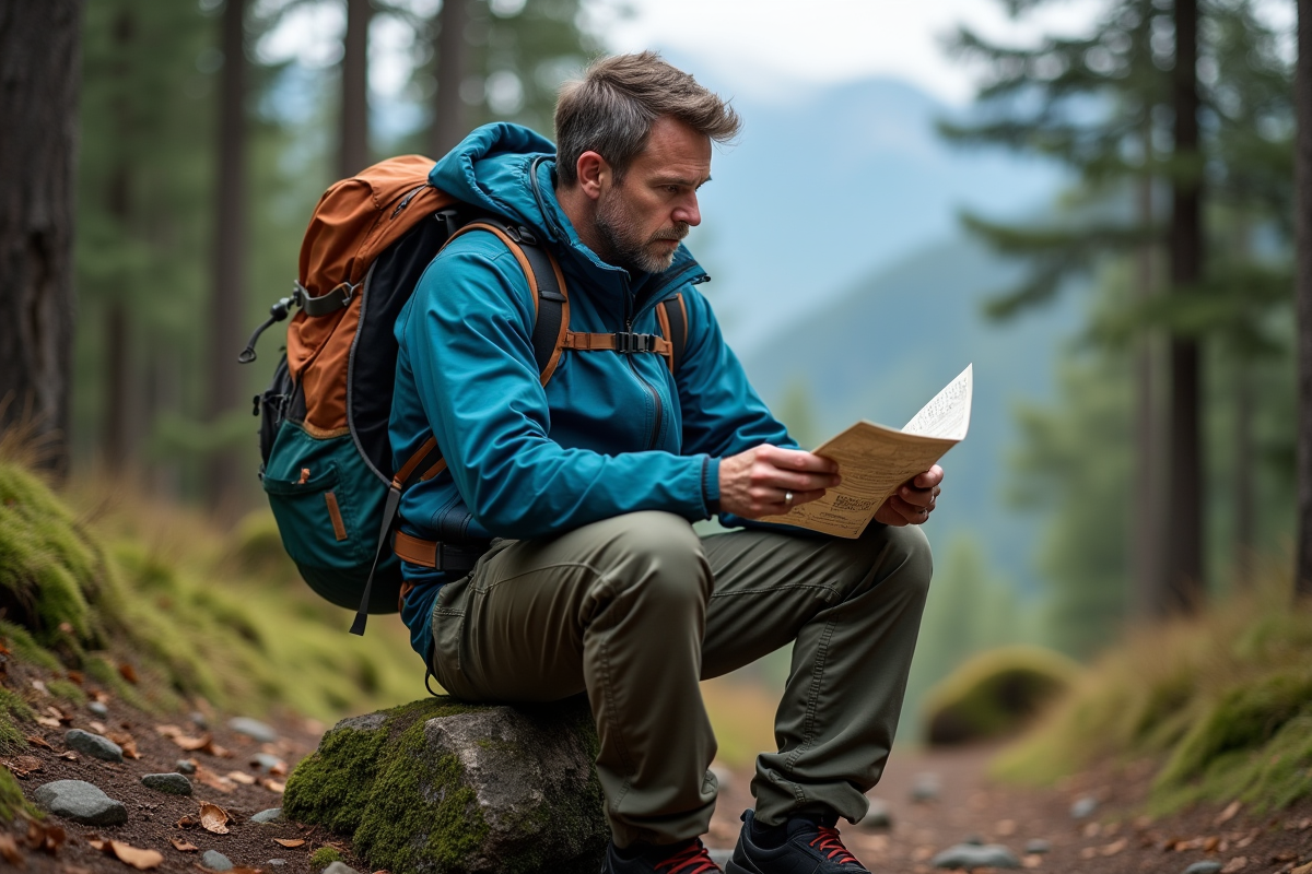 Homme randonneur en forêt avec carte et veste technique