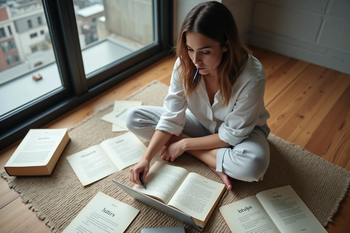 Jeune femme entourée de fiches de vocabulaire latin et français travaillant sur des synonymes