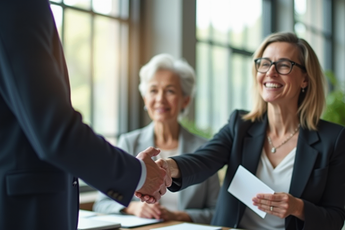 Femme senior souriante recevant un handshake en bureau