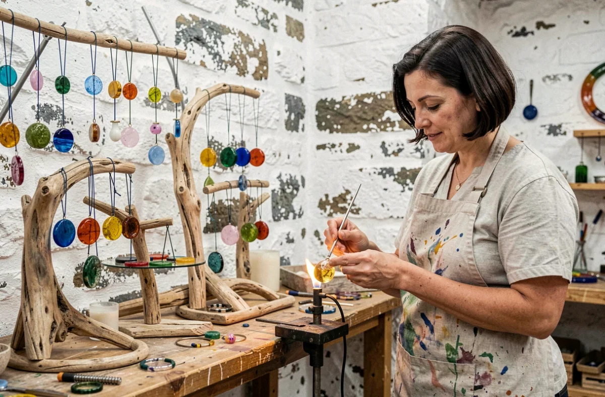 Atelier Rêves en Verre à Landerneau avec des bijoux en verre colorés exposés sur du bois flotté et une artisane travaillant un pendentif