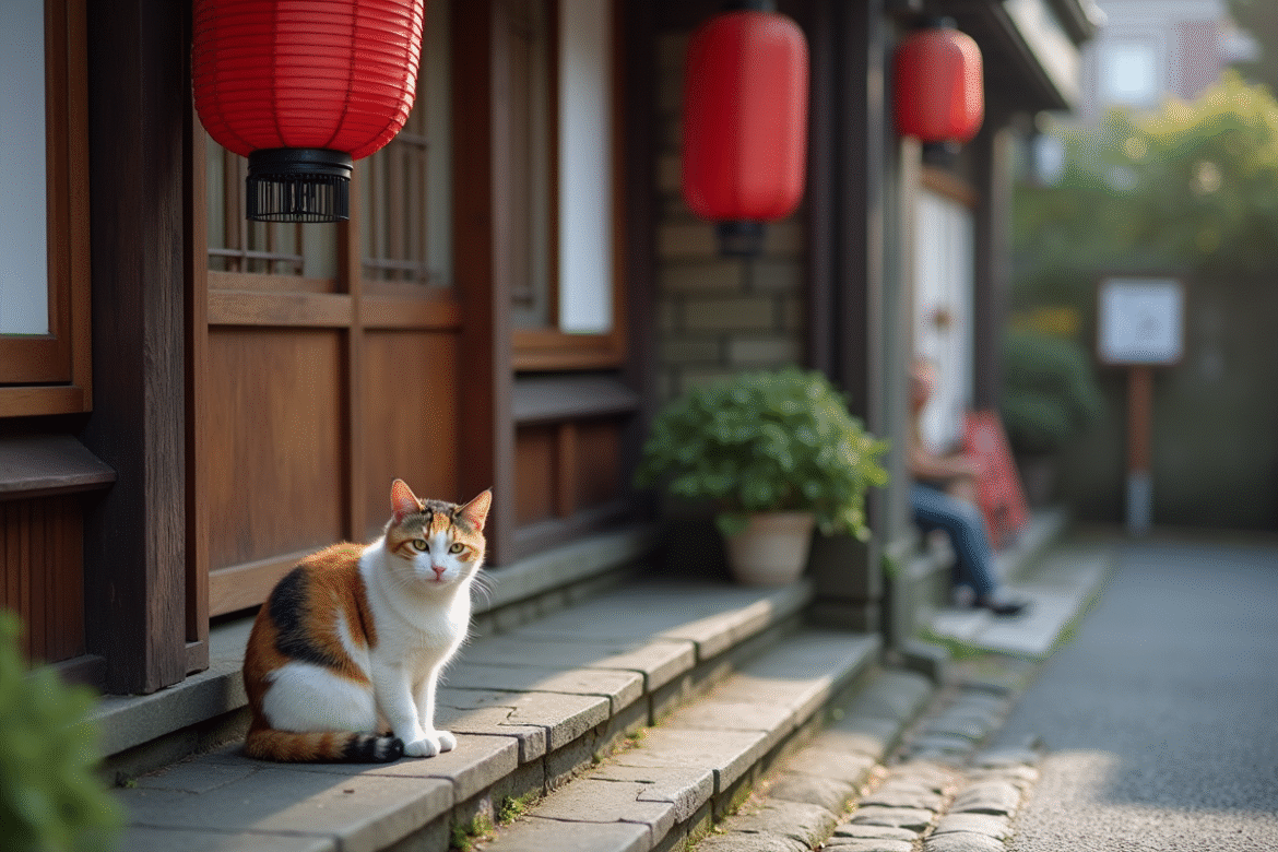 Rue japonaise en journée avec chat calico sur le seuil