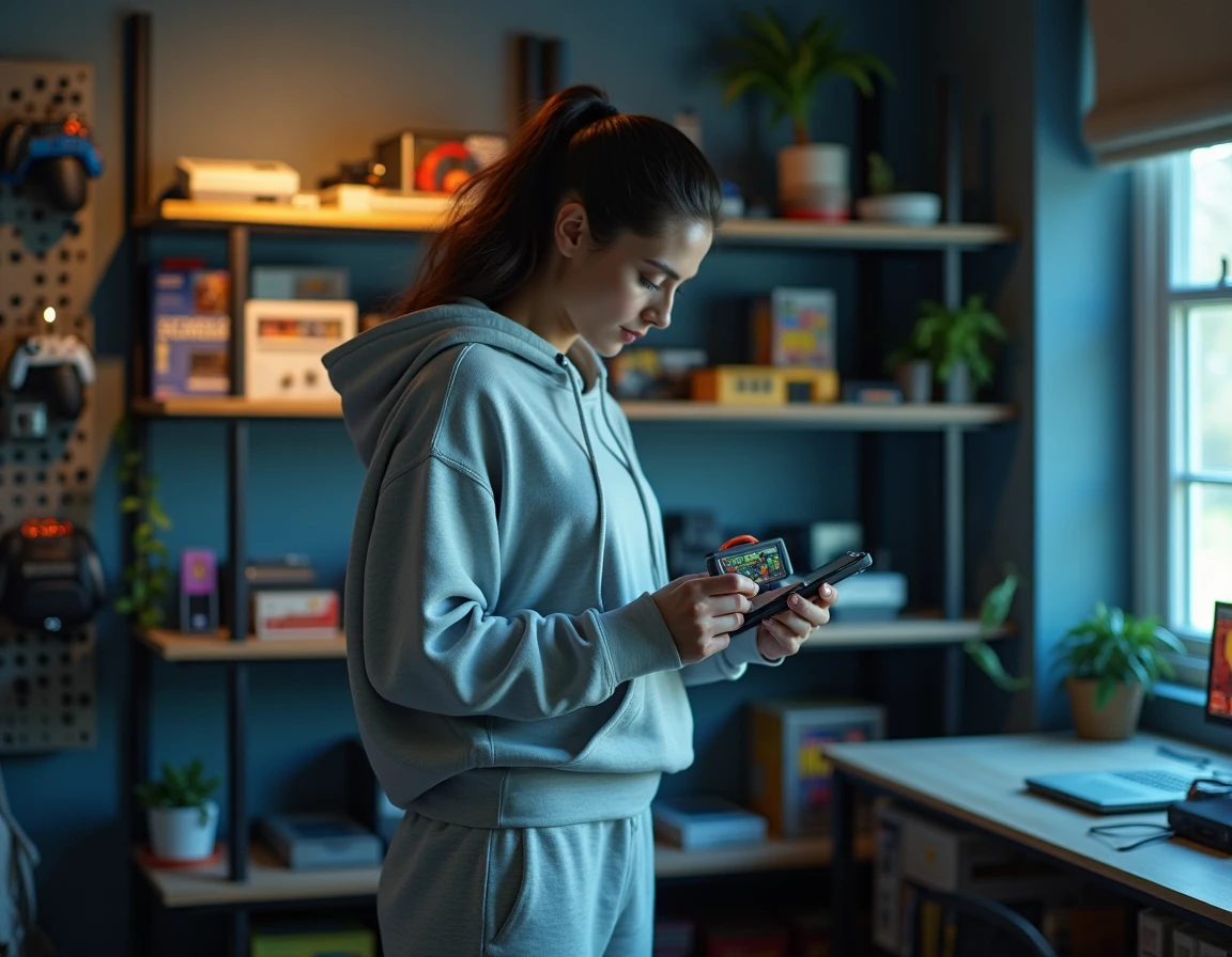 Femme examinant une cartouche de jeu rétro dans une salle de gaming vintage avec étagères remplies de consoles et jeux rétro