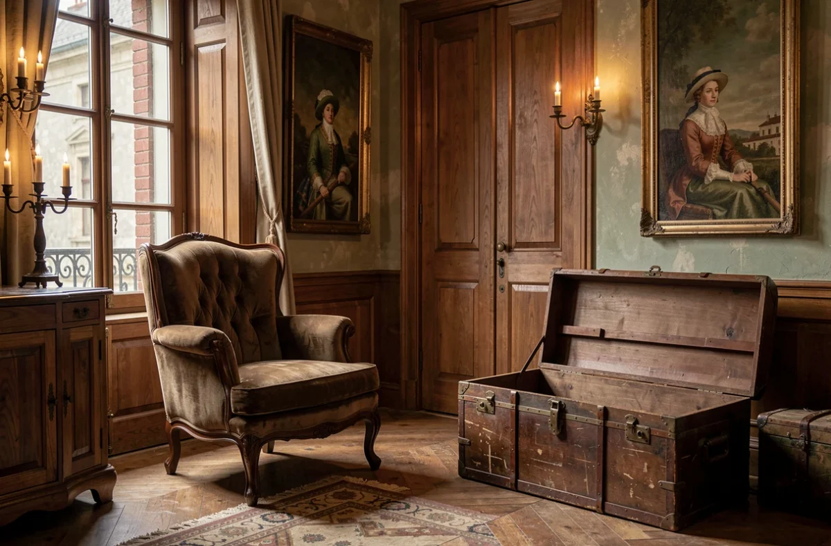 Salon du XVIIIe siècle avec une malle ouverte près d'une fenêtre