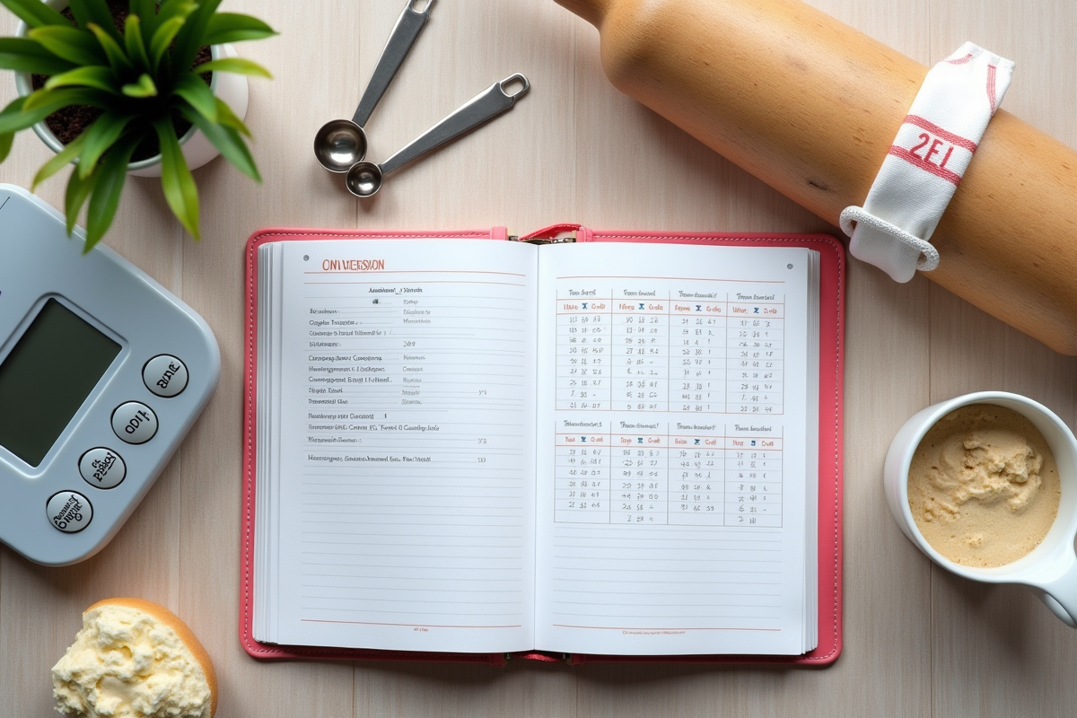 Plan de pâtisserie avec carnet de recettes et balance