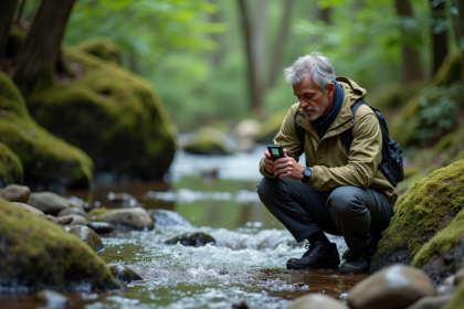 Scientifique en nature examinant des bulles dans un ruisseau