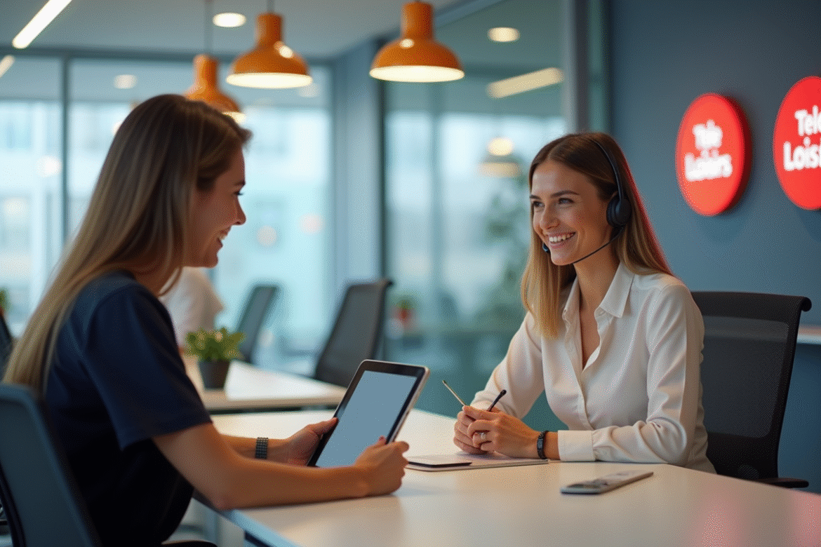 Représentant service client souriant avec client tablette