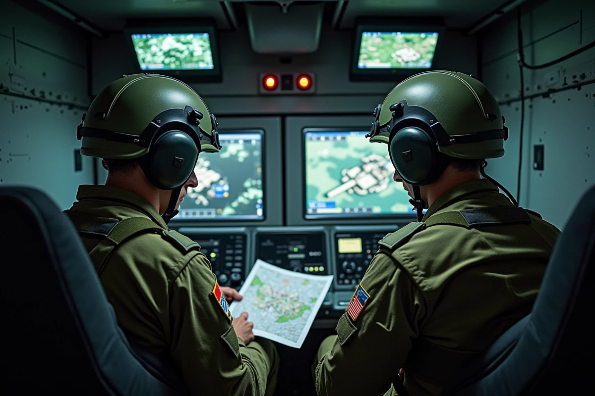 Équipiers du char Leclerc en simulation de tir dans le poste de combat intérieur lors d'une séance d'entraînement