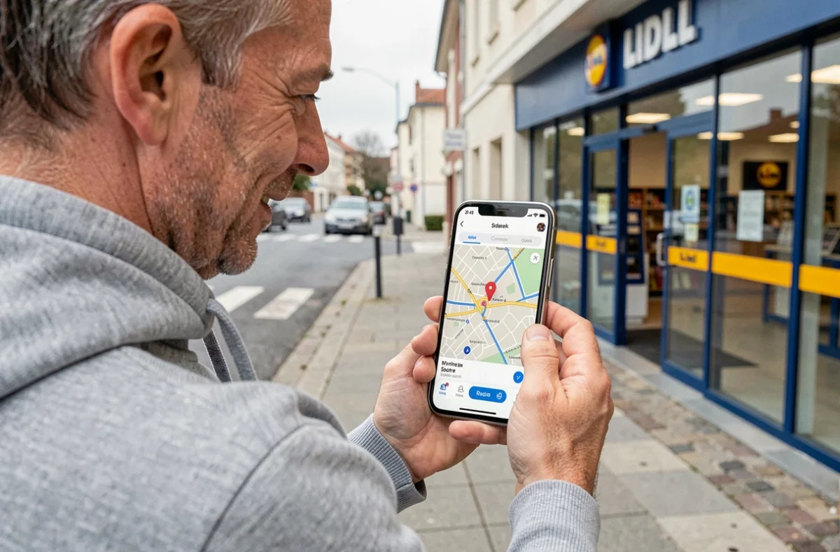 Homme consultant une application de carte sur smartphone pour trouver le Lidl le plus proche