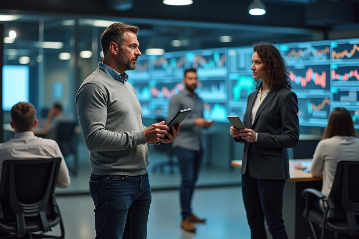 Spécialiste en intelligence artificielle discutant avec une équipe dans un espace collaboratif