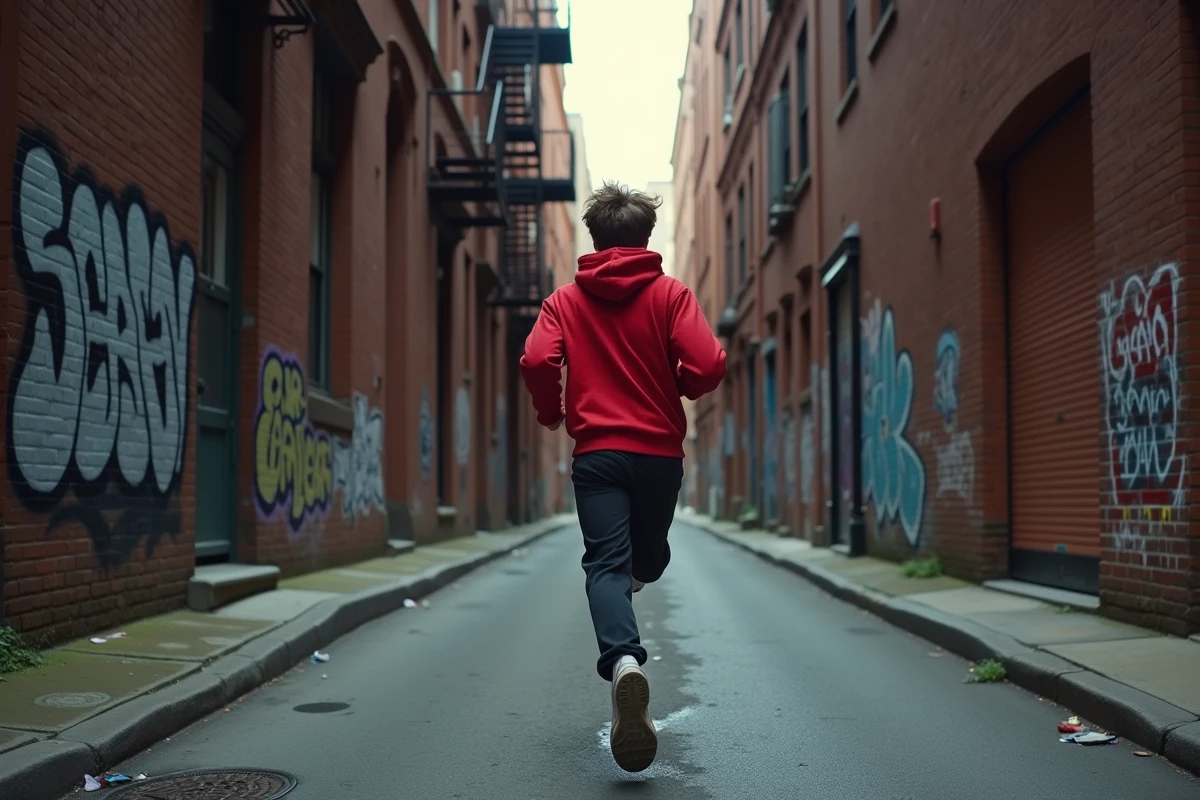 Adolescent courant dans une ruelle new-yorkaise illustrant la jeunesse et l'énergie de Spider-Man comme figure héroïque moderne dans Avengers