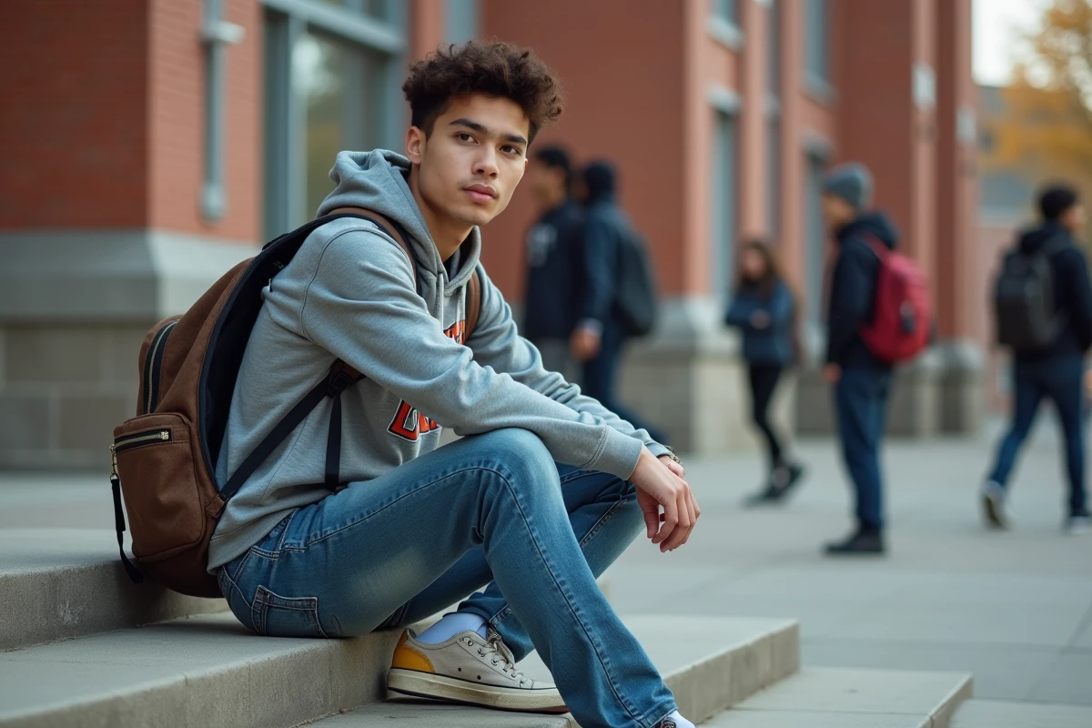 Jeune homme en tenue civile assis sur des marches d'école évoquant la dualité identitaire de Spider-Man dans l'univers Avengers