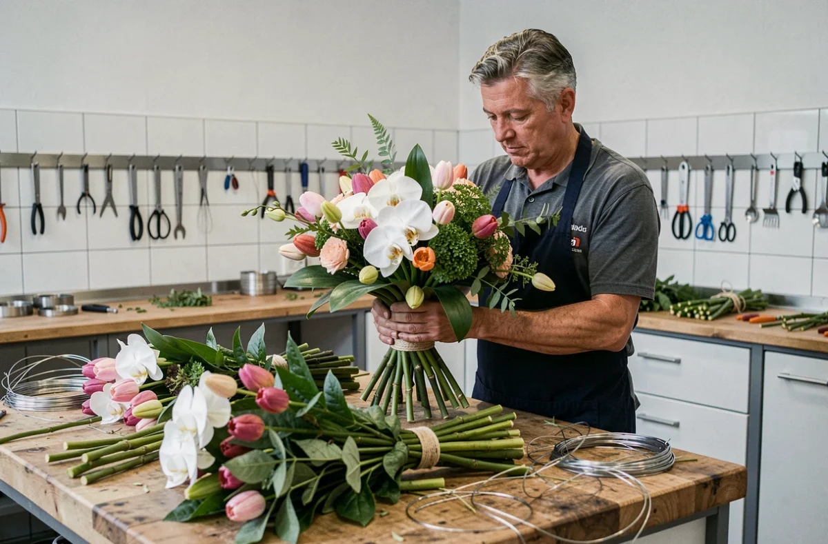 Stéphane Chanteloube fleuriste professionnel construisant un bouquet sophistiqué dans son atelier floral dans le Puy-de-Dôme