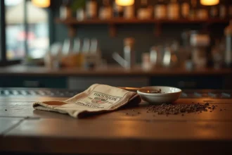 Paquet de tabac à rouler posé sur le comptoir d'un café français avec un cendrier, illustrant la hausse des prix du tabac en 2026
