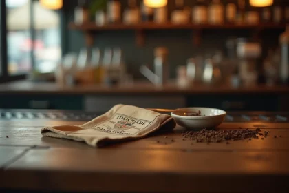 Paquet de tabac à rouler posé sur le comptoir d'un café français avec un cendrier, illustrant la hausse des prix du tabac en 2026