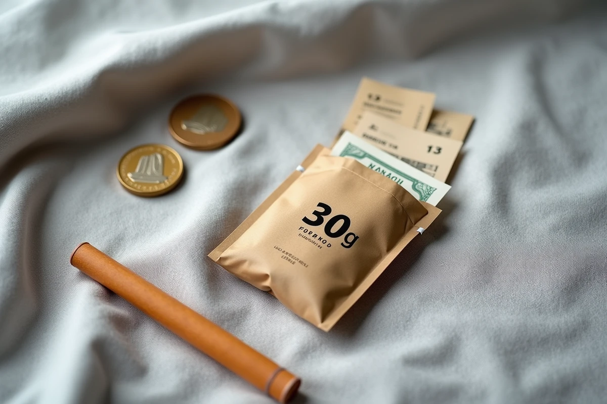 Vue du dessus d'un paquet de tabac à rouler 30g avec des pièces de monnaie et un ticket de caisse, symbolisant l'impact financier des hausses de prix du tabac en 2026