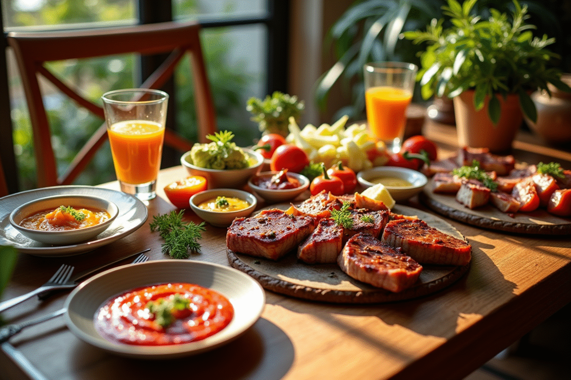 Table pierrade colorée vue de dessus avec sauces et légumes