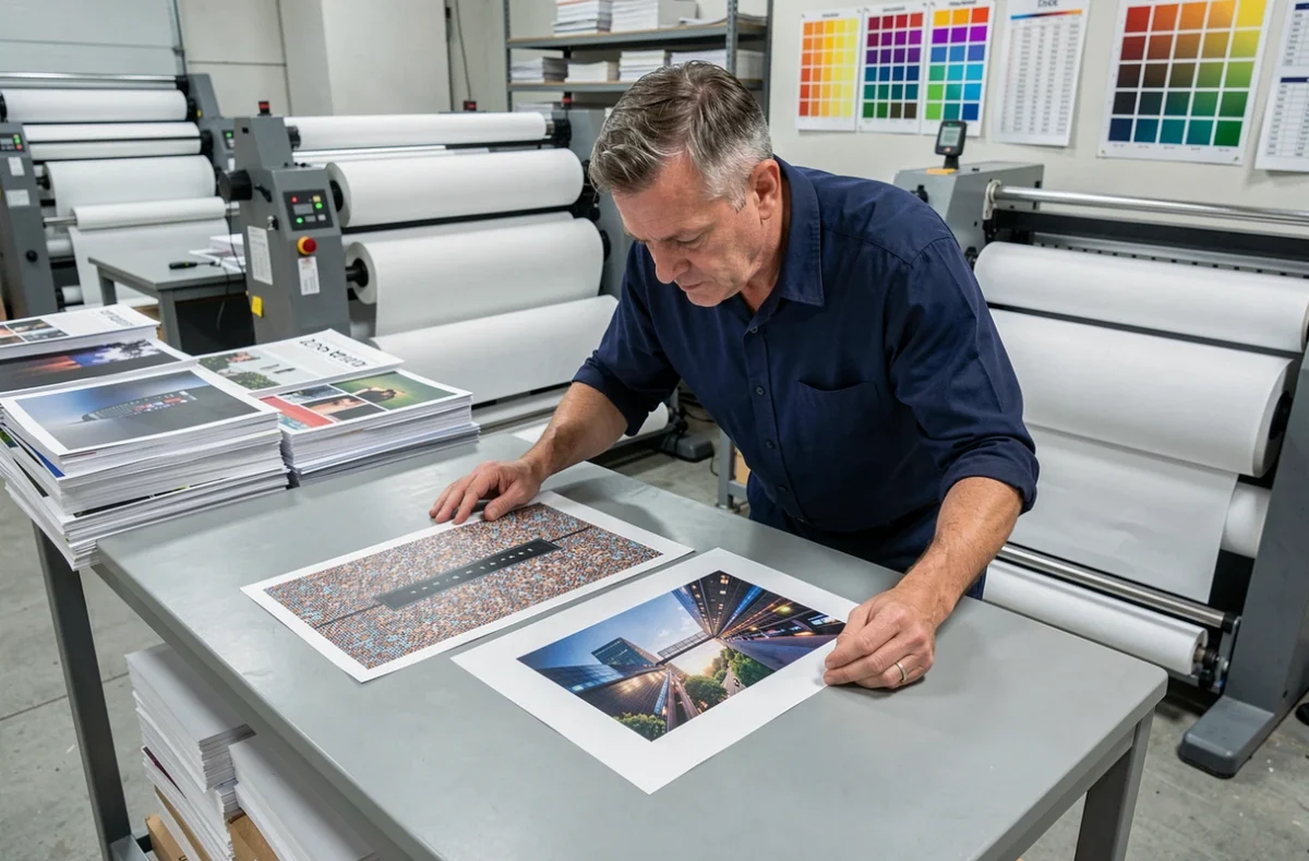 Technicien en imprimerie comparant deux impressions A4 avec des résolutions différentes en dpi sur une table de travail