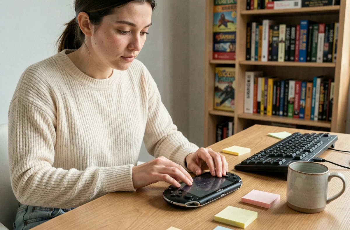 Femme testant une PS Vita Sony posée sur un bureau à domicile pour évaluer son confort de jeu