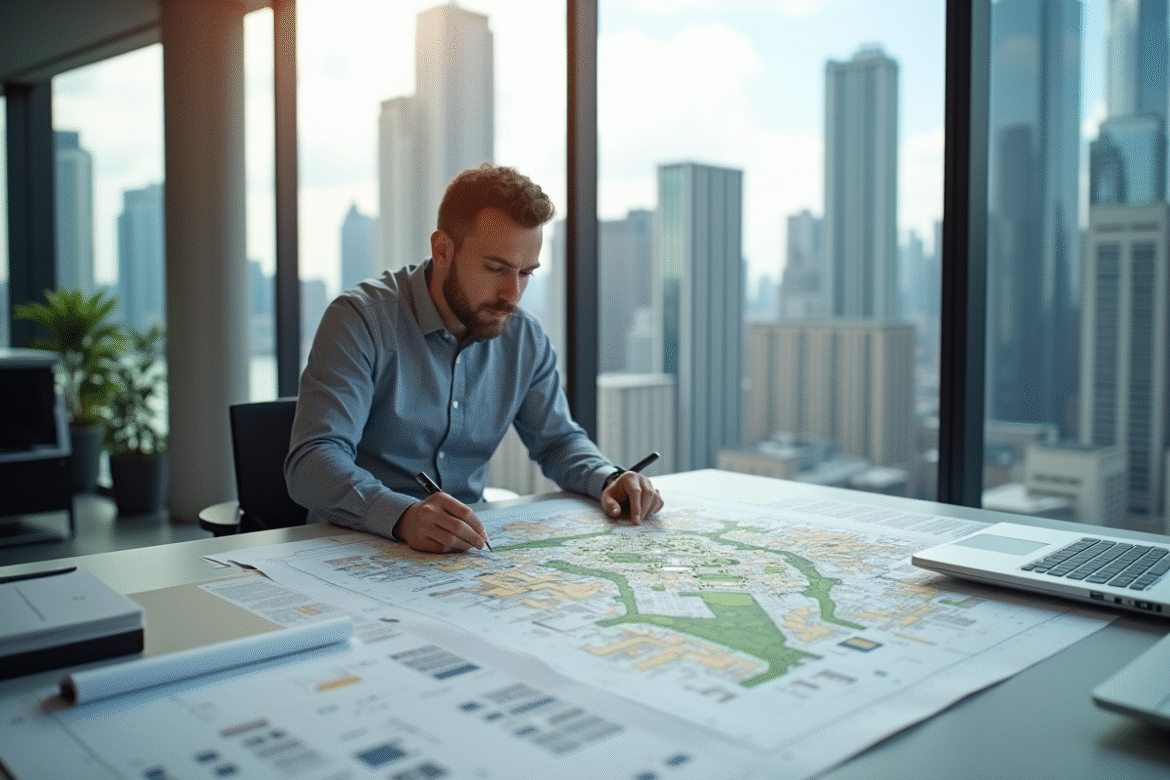 Urbaniste examinant plans de zonage et plans architecturaux