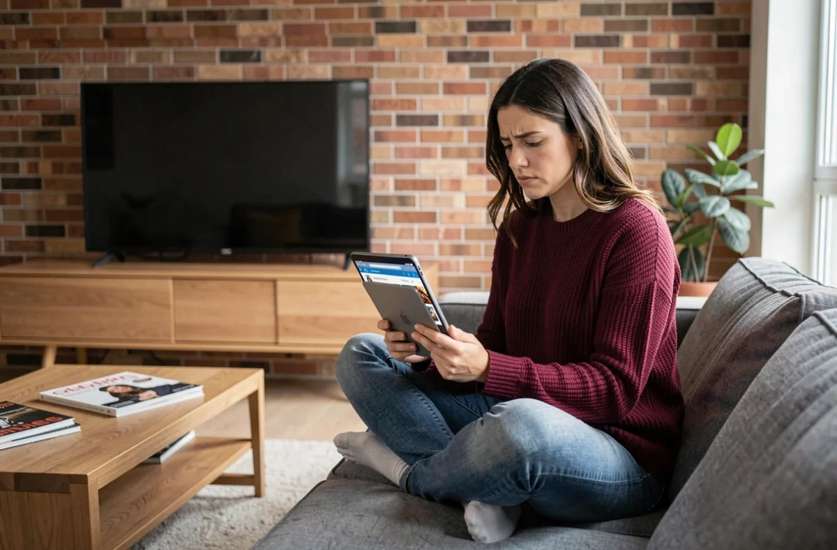 Femme déçue parcourant un blog haute définition sur tablette dans un salon moderne