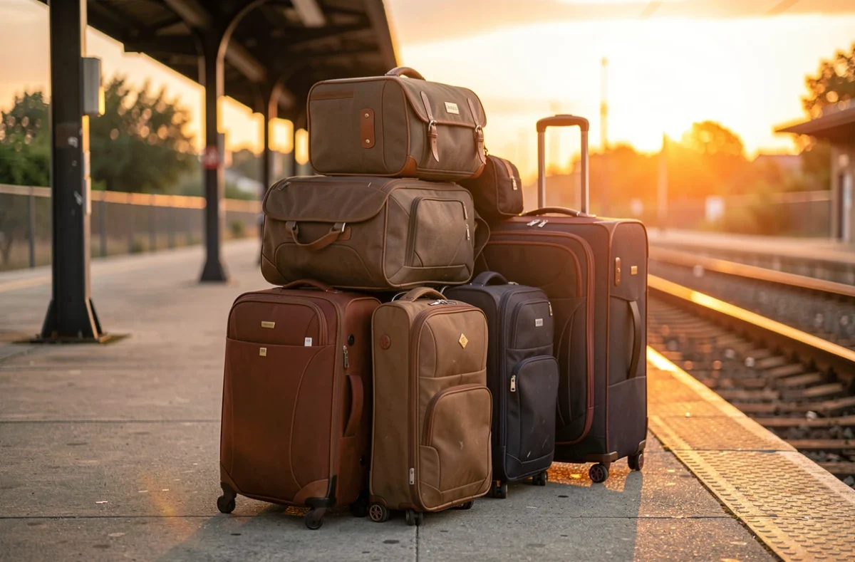 Valises et sacs de voyageurs sur un quai de gare au lever du jour