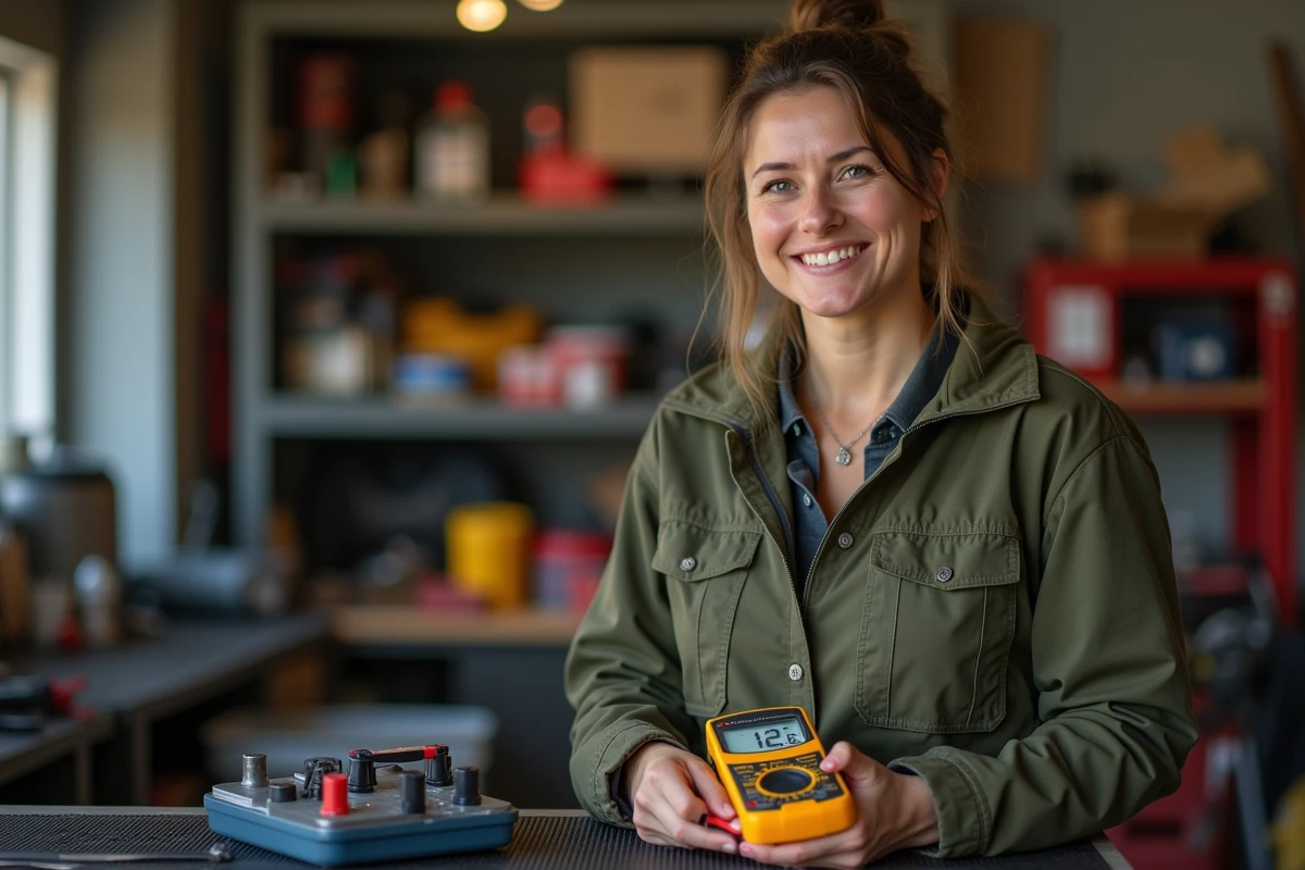 Femme vérifiant la charge d'une batterie automobile avec un multimètre numérique dans un garage domestique