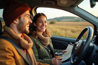 Trois adultes en voiture partageant un voyage automnal en campagne