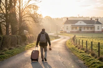 Voyageur marchant avec une valise vers une gare au lever du jour