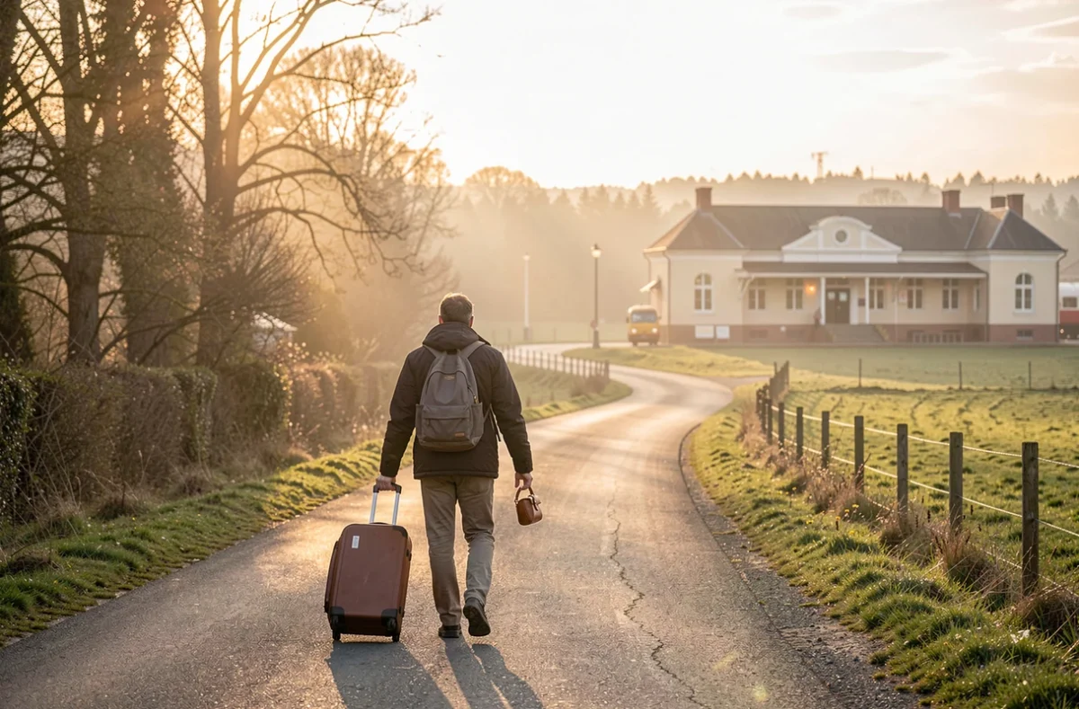 Voyageur marchant avec une valise vers une gare au lever du jour