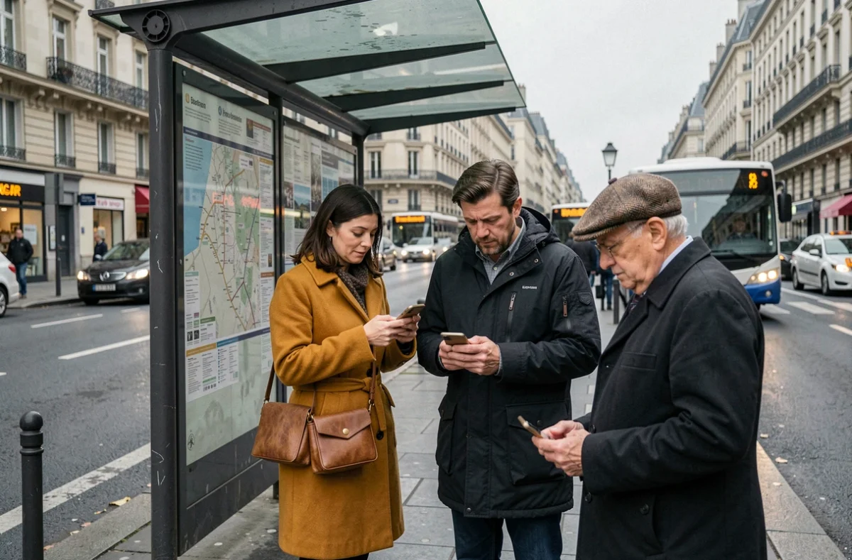 Voyageurs consultant leurs smartphones à un arrêt de bus parisien pour s'informer sur les grèves et travaux perturbant les transports en commun