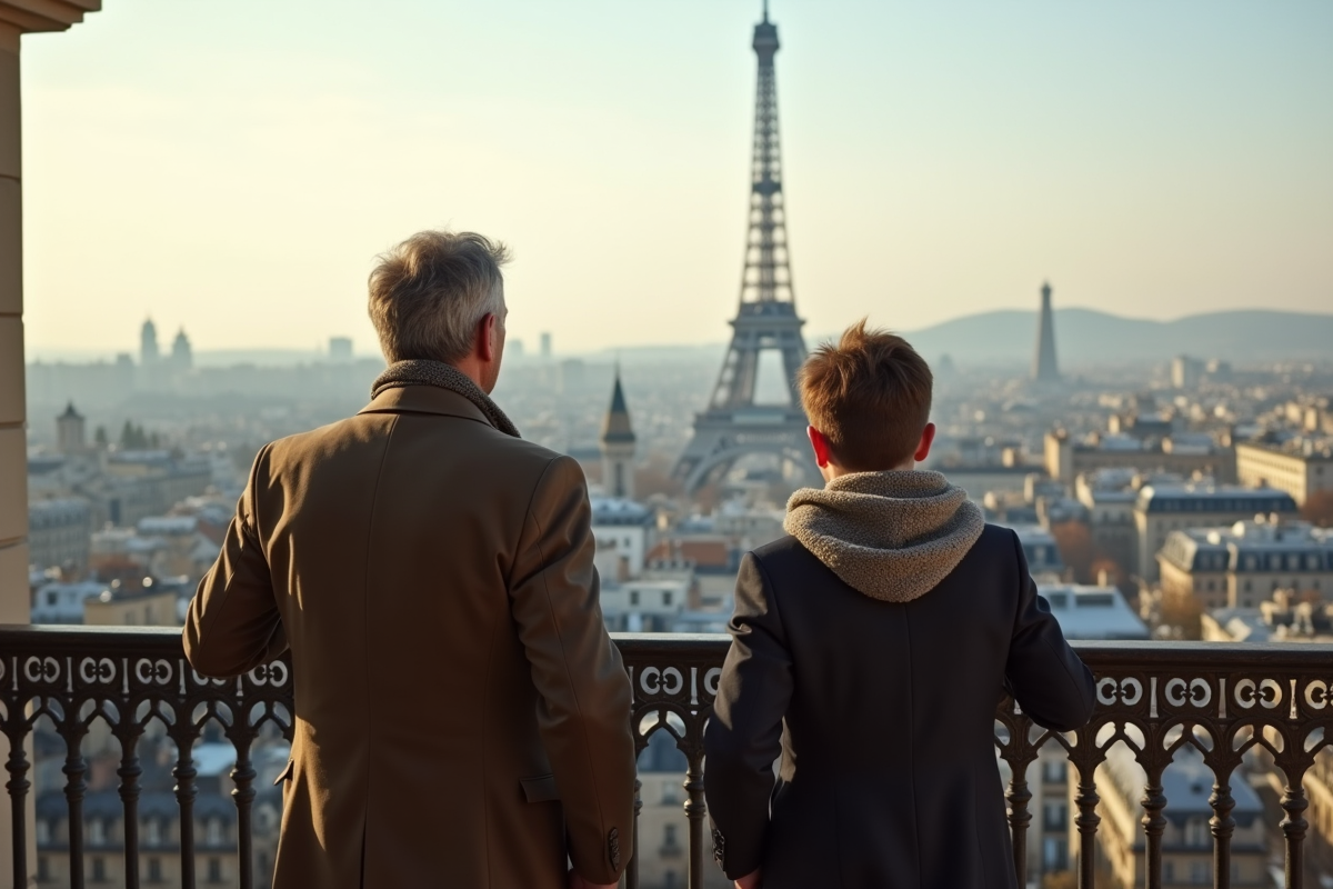 Père et fils admirant la vue sur Paris depuis un balcon